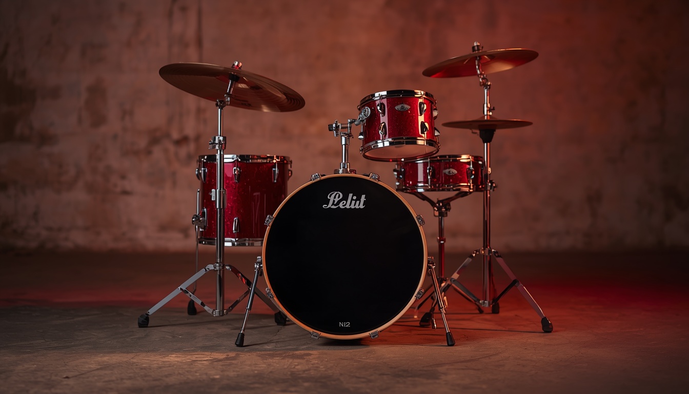A red sparkle drum kit with cymbals, set up under warm shop light