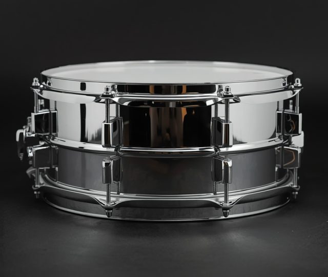 Chrome snare drum on black