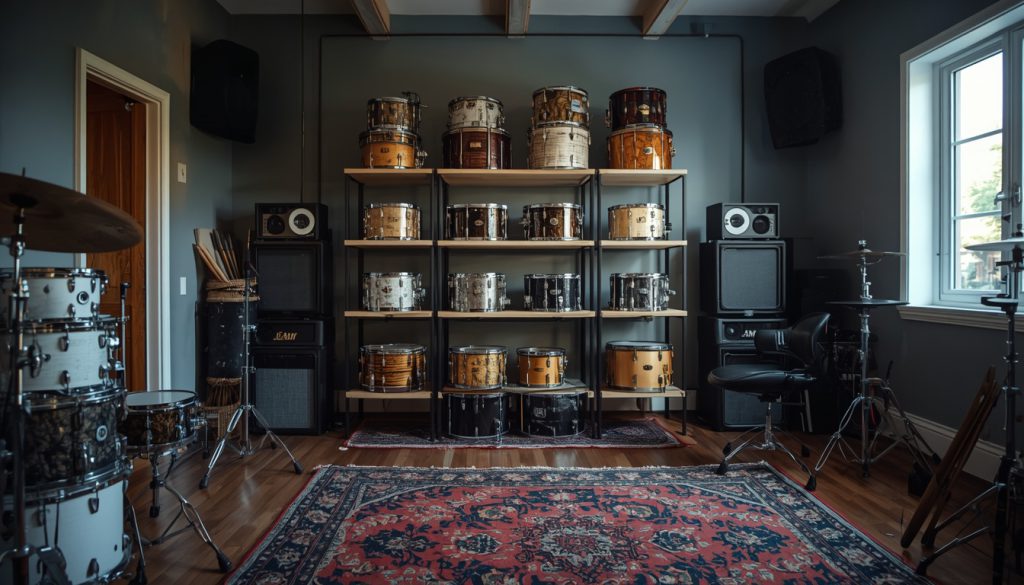The Capital Drums studio: shelves of snares, amps and a kit set up on a rug